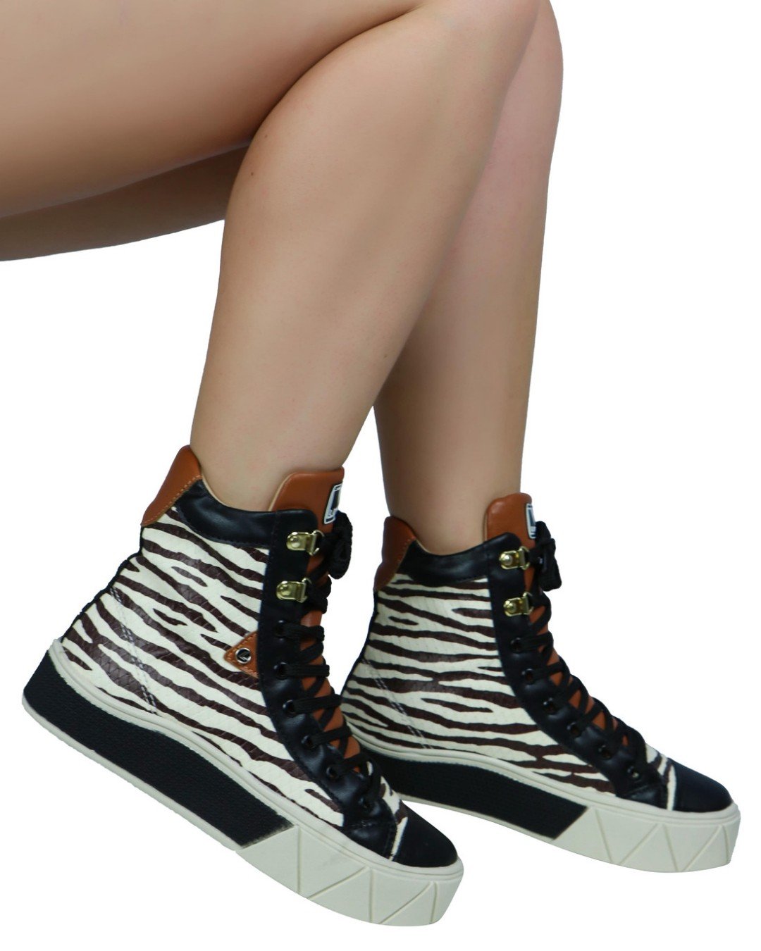 【R21090】ザ・アニマルズ Tênis Casual Urban Boot Animal Print Zebra E Preto - Legut
