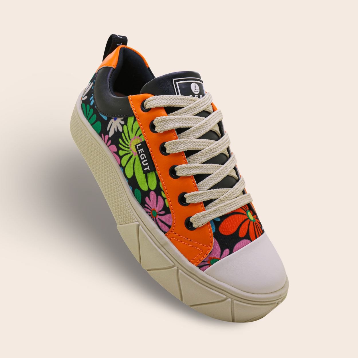 TÊNIS CASUAL URBAN FLOWER PRETO E LARANJA LEGUT